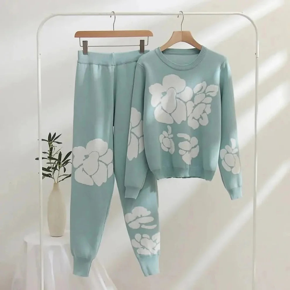 Winter Flowers 2 PC Blue Co-Ord Set For Women